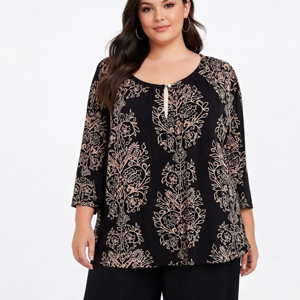 Lucky Brand Peasant Top Womens Size 2X Black Tan Keyhole Neck Boho Tunic